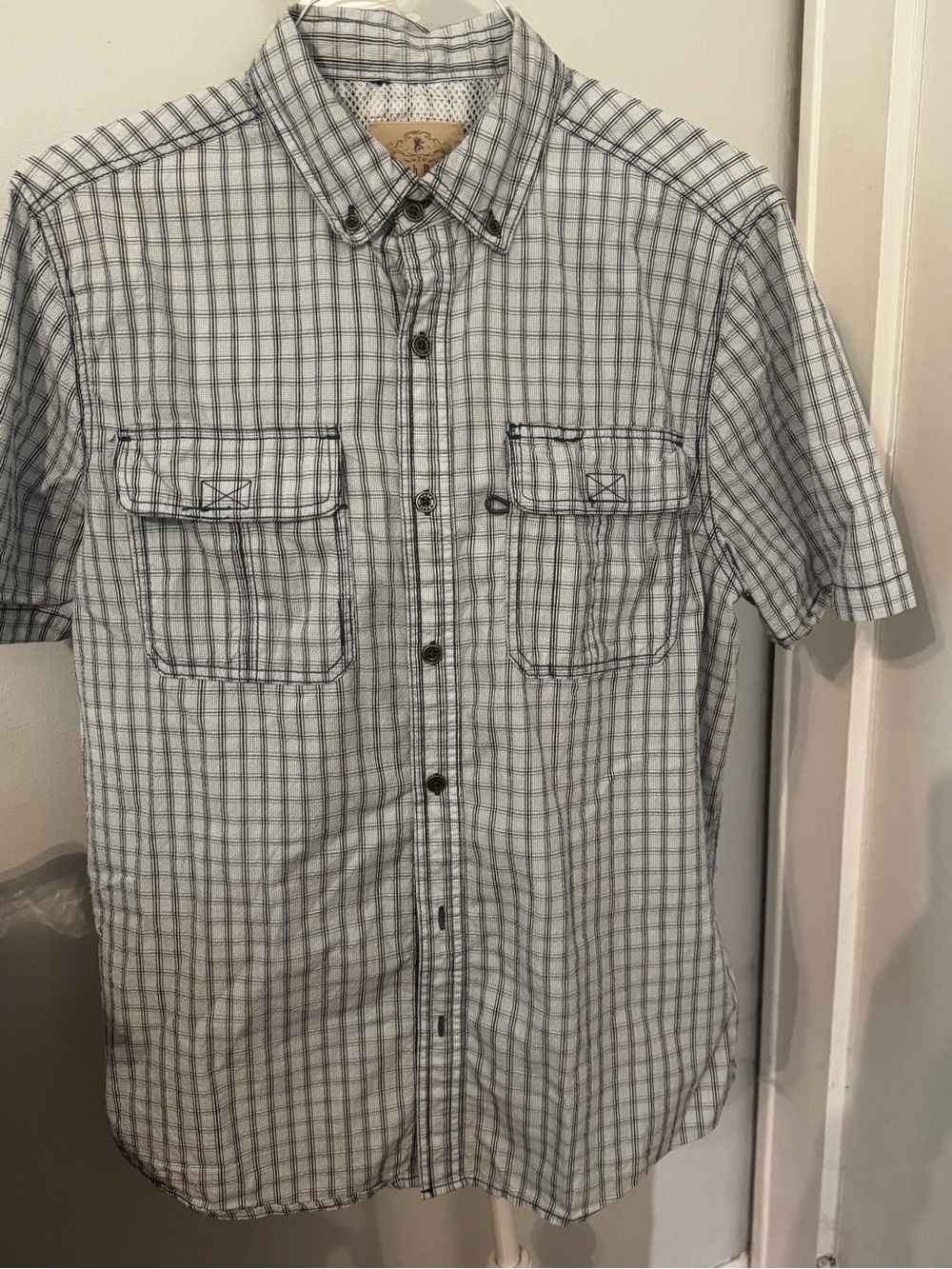 Men's Button-Down Short Sleeve Plaid Shirt - Light Gray & Blue